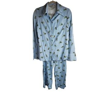 Sleeper Women's Floral Blossom Satin Pajama‎ Set Light Blue Small Top XS Bottom